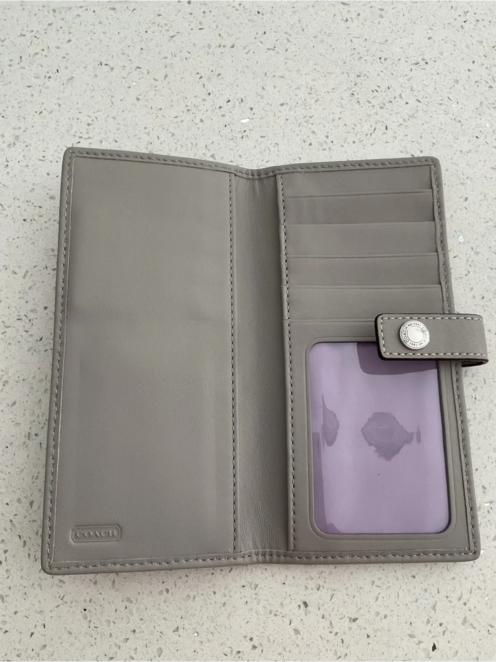 Coach Signature Stripe Continental Wallet in Gray and White